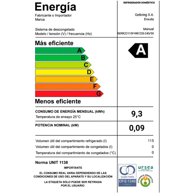 FRIGOBAR ENXUTA RENX 22115FHW Blanco -Frío Húmedo 115L N/A