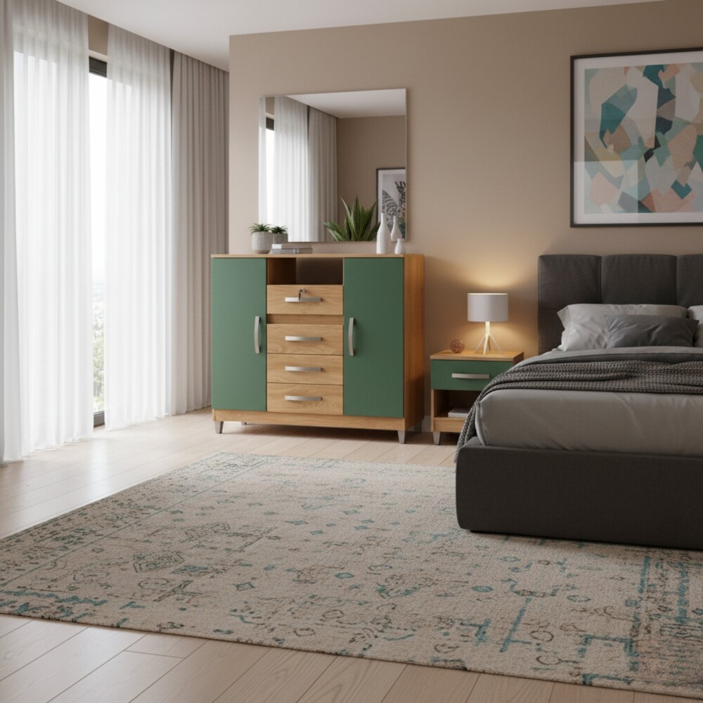 CÓMODA CAJONERA GUARDARROPA 4 CAJONES 2 PUERTAS CON LLAVE COLOR MADERA VERDE