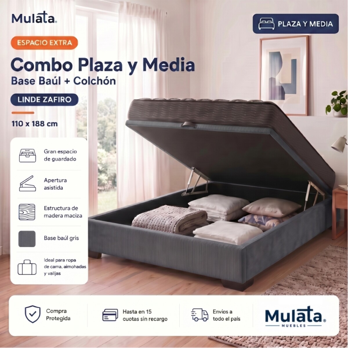 Sommier Baúl Plaza y Media Gris con Colchón Linde Zafiro 110 x 190 Firme 