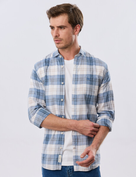 CAMISA CUADROS DE LINO Celeste