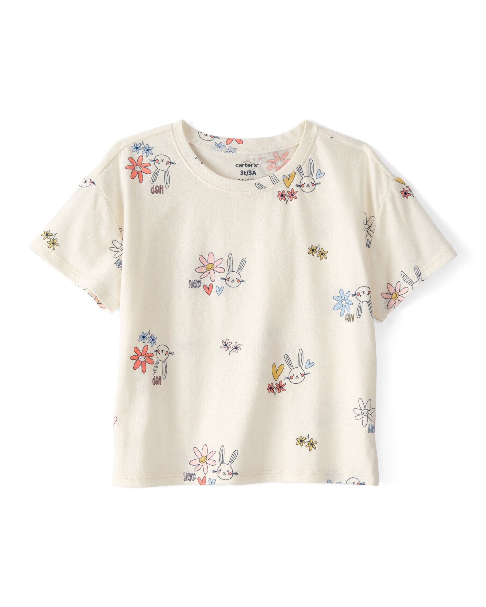 Remera de algodón, manga corta, color crema, diseño conejo de Pascua Sin color