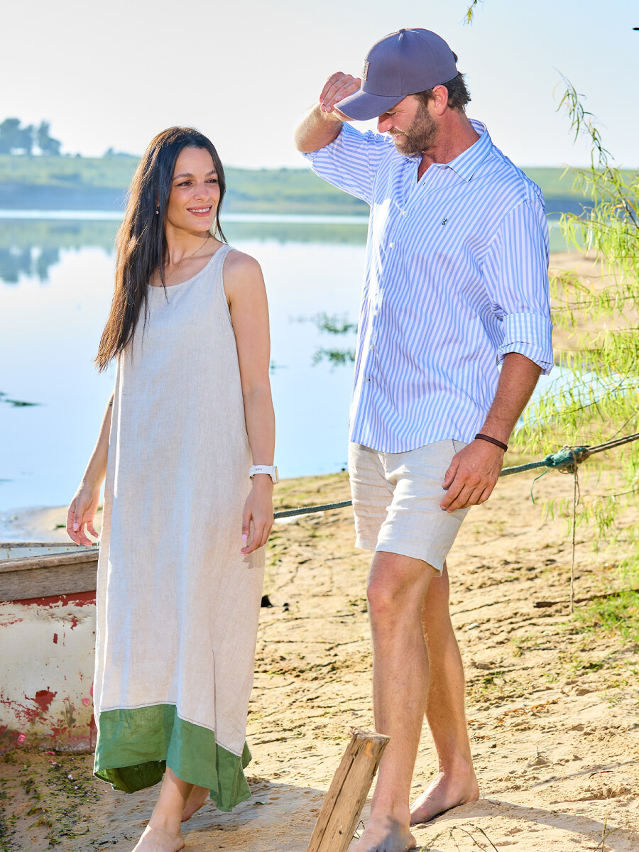 Camisa de Hombre Premium Cuello s/Botones - Raya Celeste 3 