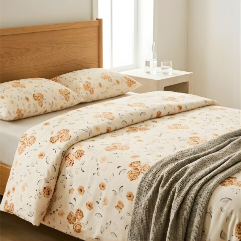 Juego de Sabanas 1 Plaza Suaves Estampado Calidad Frescas Variante Diseño Flores Color Beige