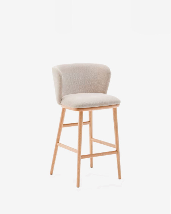 Taburete Ciselia chenilla beige y madera maciza fresno acabado tono natural 65cm