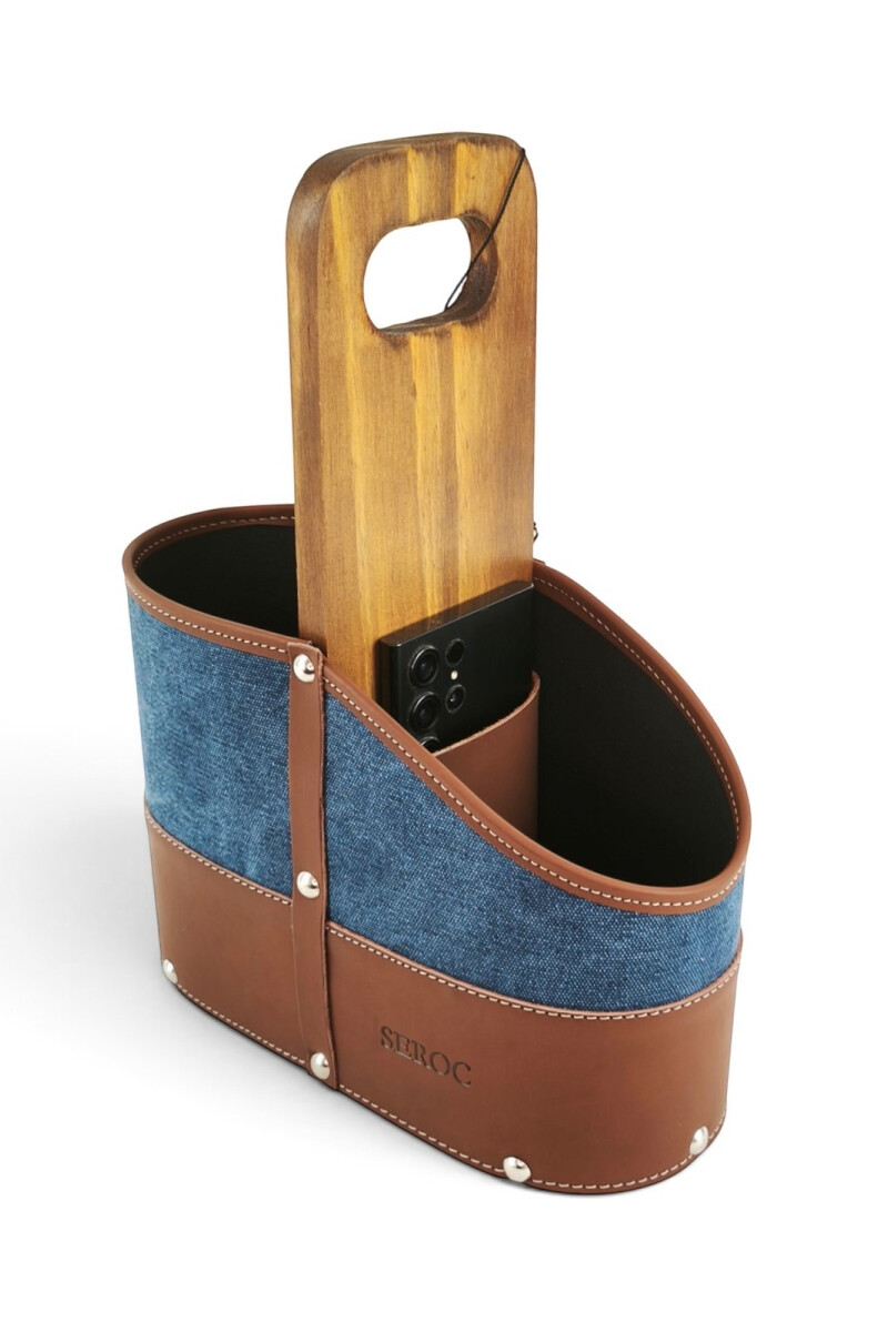Porta termo y mate en madera y lona con porta celular y porta bombilla Azul