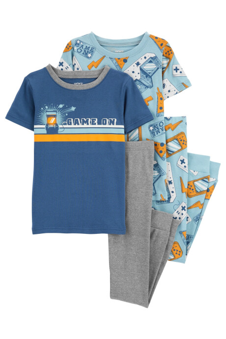 Pijama cuatro piezas de algodón, dos remeras y dos pantalones, diseño videojuegos Sin color
