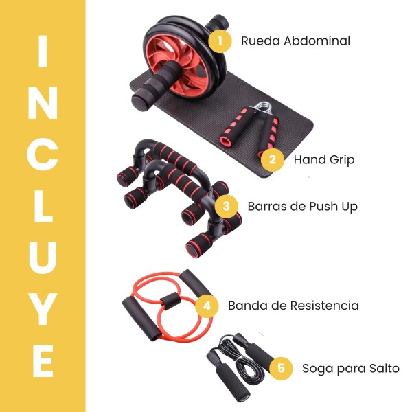 Kit Rojo Ejercicio Rueda Abdominal + Banda de Resistencia + Soga para Saltar + Barras de Push up + Hand Grip de Regalo FIT001 Kit Rojo Ejercicio Rueda Abdominal + Banda de Resistencia + Soga para Saltar + Barras de Push up + Hand Grip de Regalo FIT001