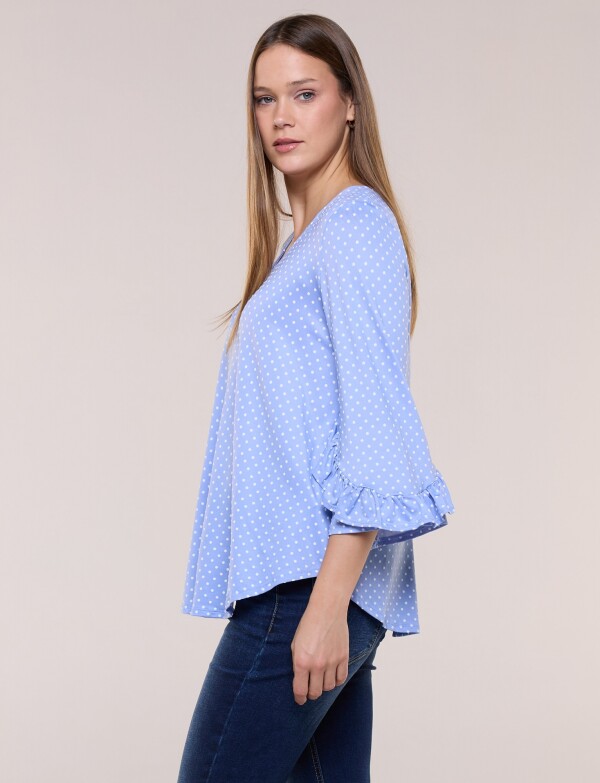 Blusa Lunares Manga 3/4 Con Volados CELESTE/MULTI