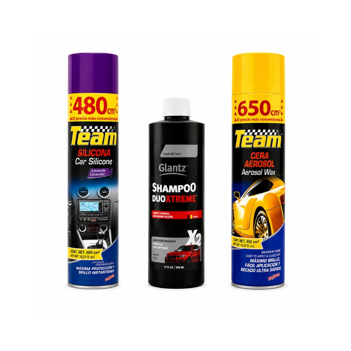 KIT DE CERA EN AEROSOL + SHAMPOO + SILICONA PARA AUTO TEAM Kit De Cera En Aerosol + Shampoo + Silicona Para Auto Team