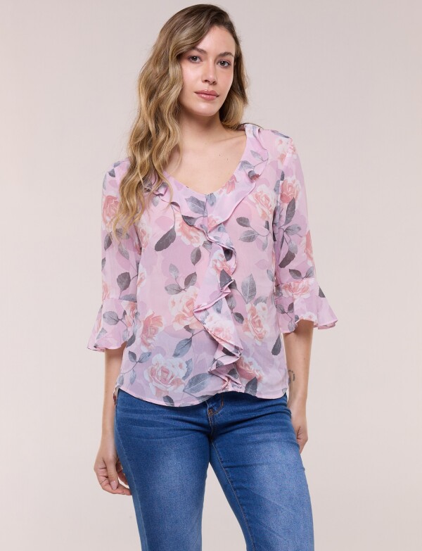 Blusa Con Escote En V Y Volados En Cascada ROSA/MULTI
