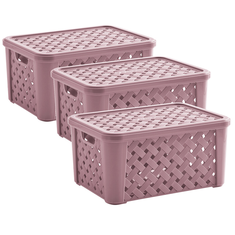 Set x3 Caja organizadora simil rattán con tapa G ROSADO