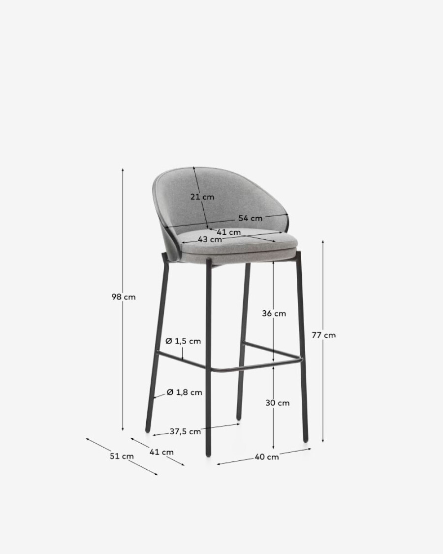 Taburete Eamy gris claro chapado en fresno con acabado negro y metal negro altura 77 cm