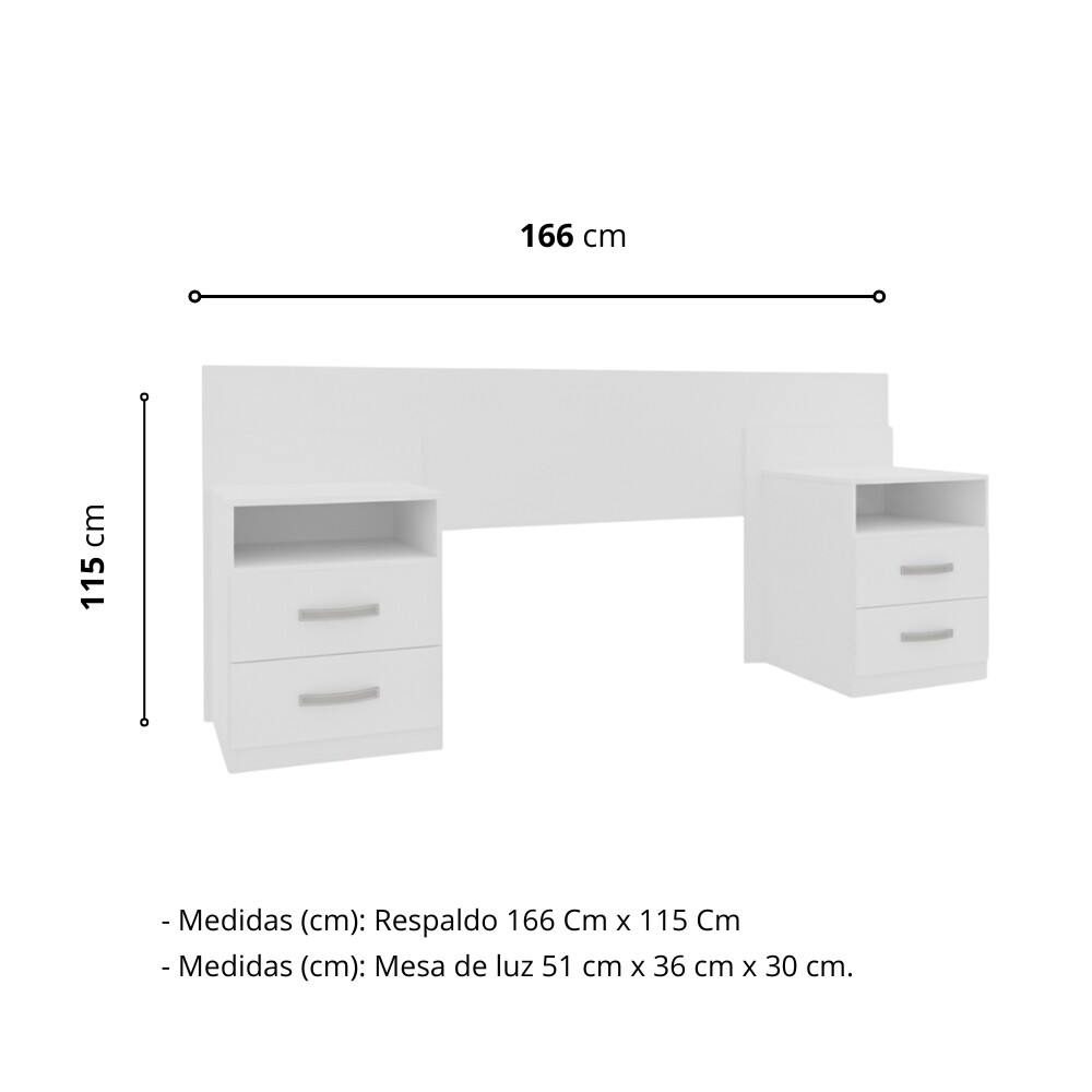 RESPALDO CABECERA CON 2 MESAS DE LUZ DE 2 CAJONES BLANCO