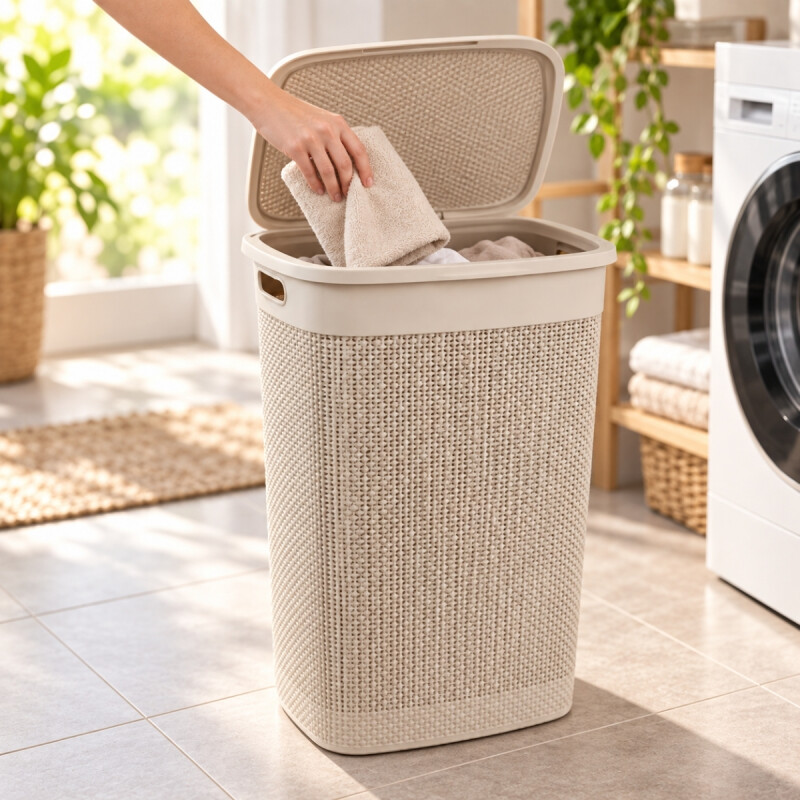 Cesto para ropa simil ratán con tapa 55 lts ARENA