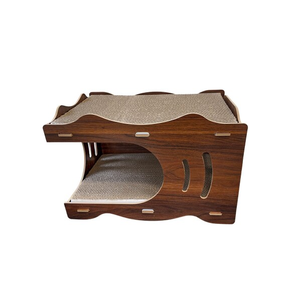 Casa Gatos Cama Cucha Cueva Madera MDF Rascador Corrugado Variante Color Madera Oscuro