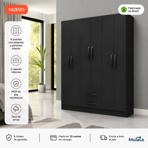 Ropero Armario 6 puertas 2 cajones con estantes y perchero interior natural 172X136X35 - Negro Ropero Armario 6 puertas 2 cajones con estantes y perchero interior natural 172X136X35 - Negro