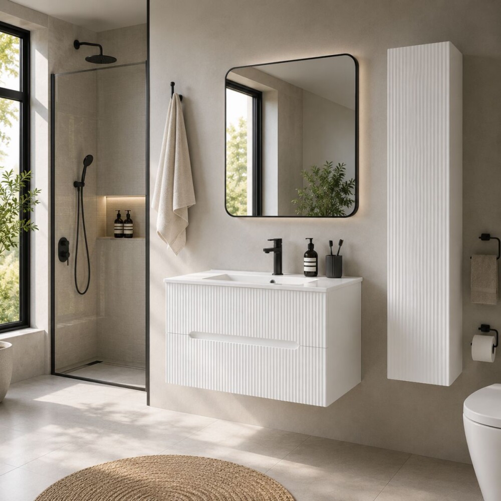 Mueble de baño 2 cajones Blanco Ripado 60cm Mueble De Baño 2 Cajones Blanco Ripado 60cm
