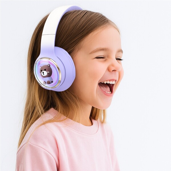 Auriculares Vincha Bluetooth Inalambricos Luces Microfono Variante Diseño Oso Violeta