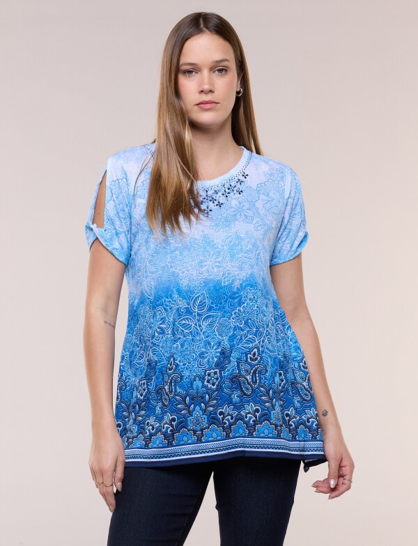 Remera Evasé Y Mangas Cold Shoulder AZUL/MULTI