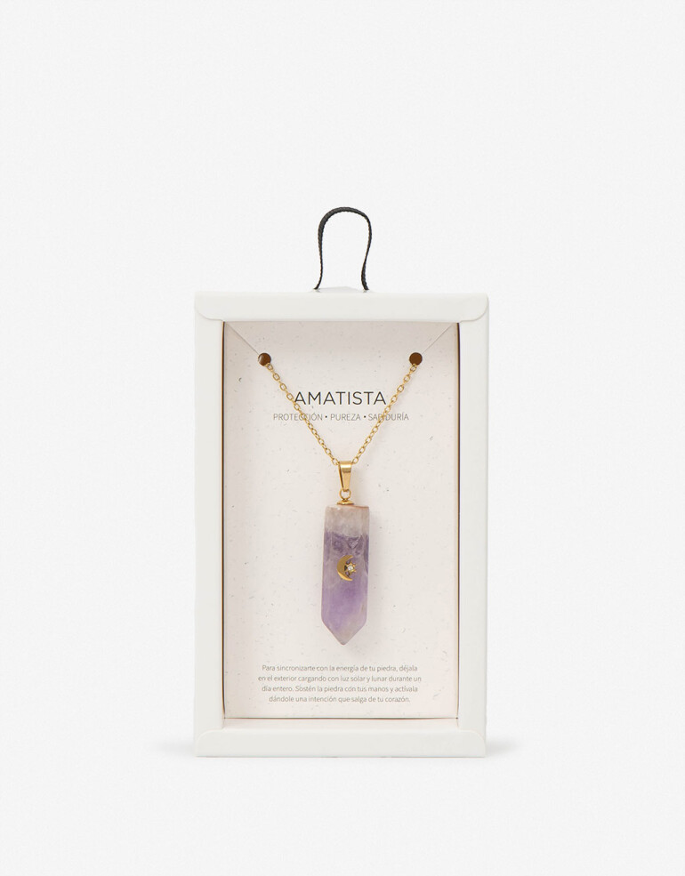 Cadena Corta con Dije Piedras Collar De Acero Con Piedra Amatista - Dorado