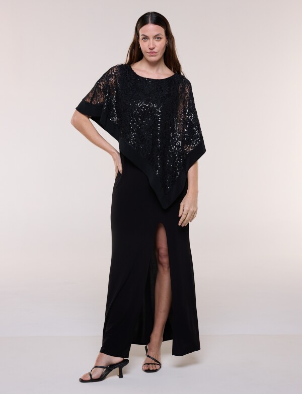 Vestido Noche Con Capa Bordada NEGRO