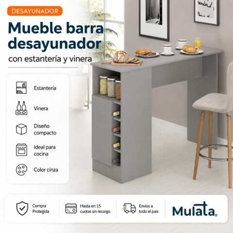 Mueble Barra Desayunador con Estantería y Vinera - MDP Cinza