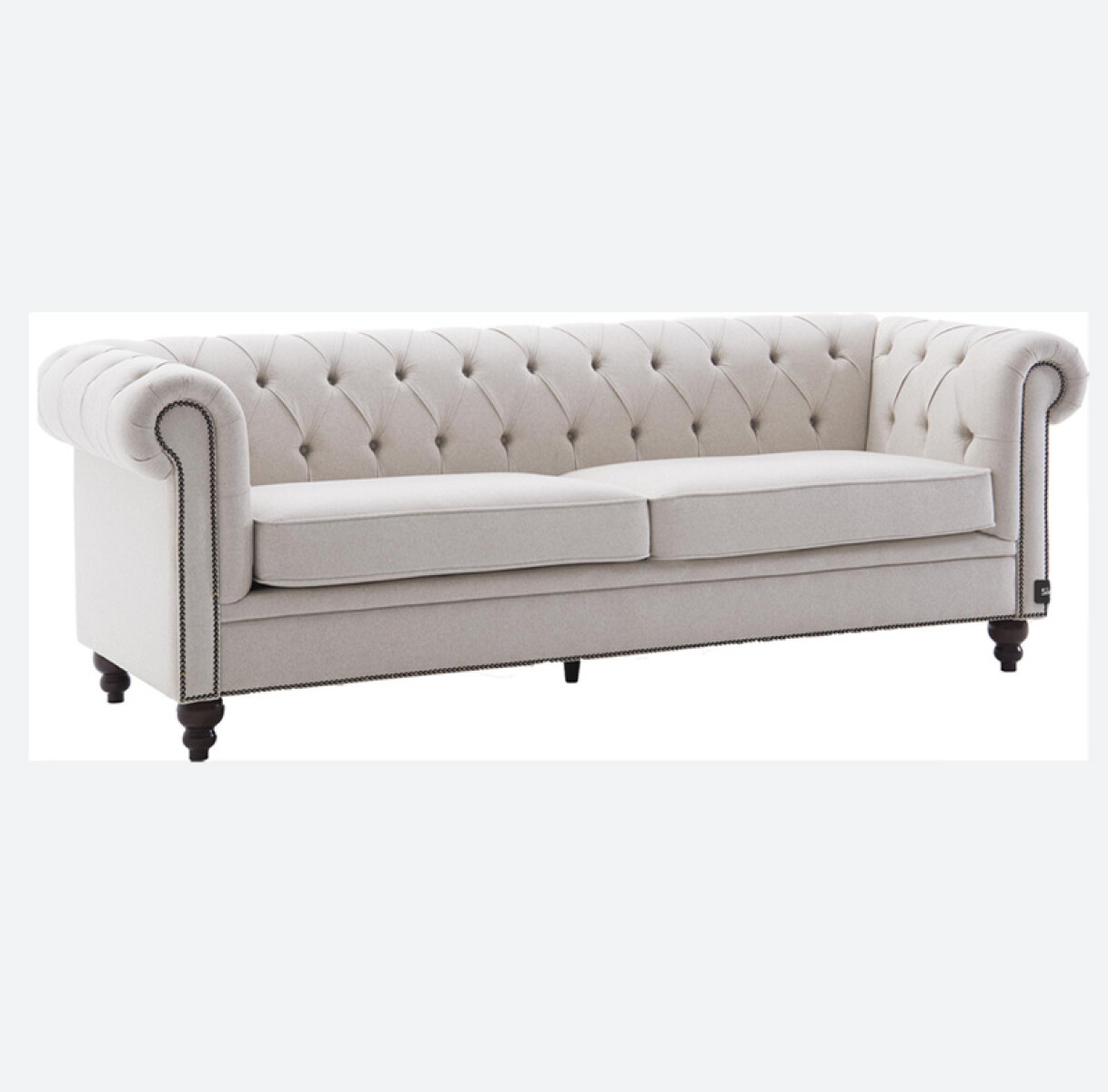 Sofa clasico 3 cuerpos - 100% Cuero color perla - Patas madera clara 