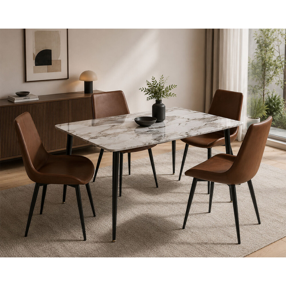 Juego De Comedor Mesa vidrio Símil Mármol + 4 Sillas Ecocuero Mesa marrón + 4 sillas marrones