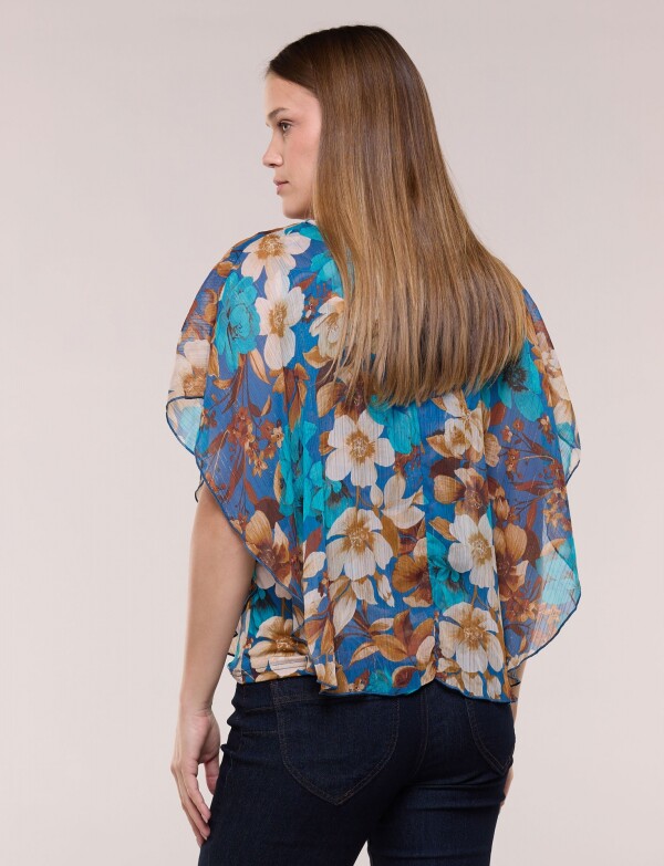 Blusa Gasa Estampada Floral Con Lúrex AZUL/MULTI