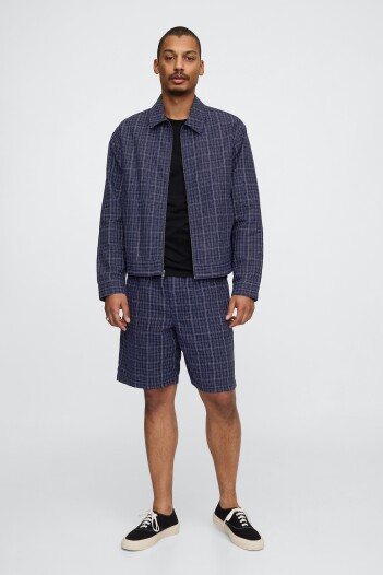 Short De Lino Con Elástico Hombre Blue Plaid