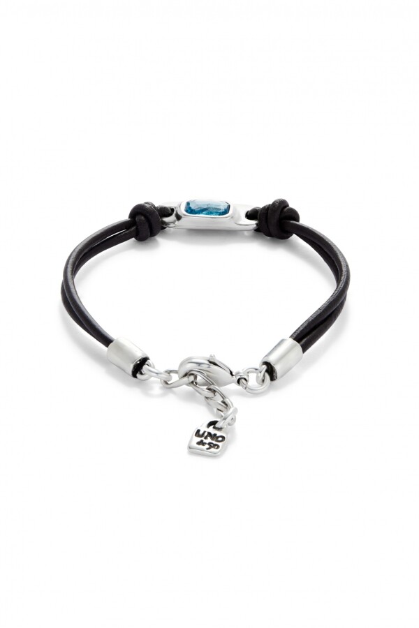 PULSERA DE CUERO BAÑADA EN PLATA DE LEY CON CRISTAL AZUL CELESTE Pulsera