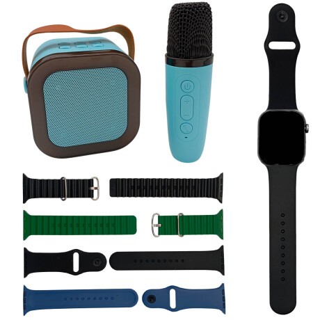 Set Micrófono Parlante Karaoke + Reloj Smartwatch Celeste