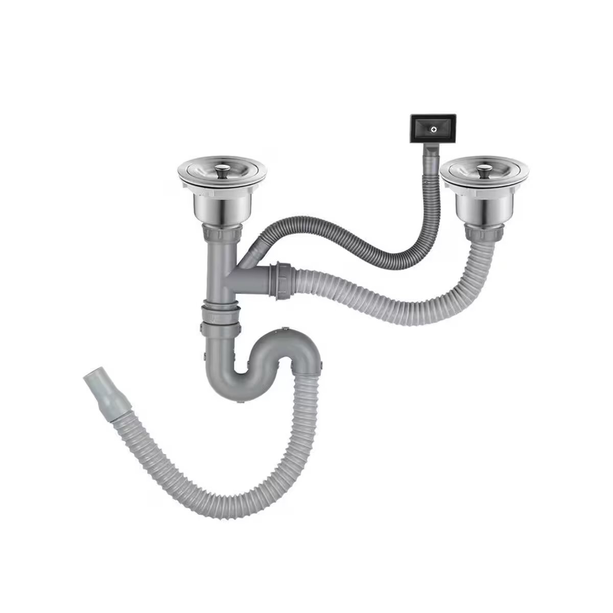 Sifón Corrugado Doble Gris C/desborde Y Válvulas Acero 304 