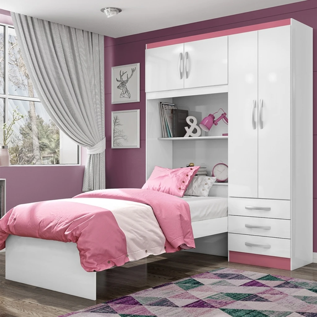 Ropero Lisboa 4 Puertas 3 Cajones con Cama Individual y Baúl - Blanco Rosa