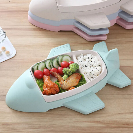 Set Comida Bebé Diseño Avión Plato c/ Divisiones en Plástico Celeste