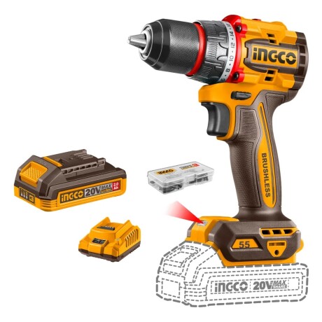 TALADRO ATORNILLADOR A BATERÍA 20V P20S BRUSHLESS 55NM C/BATERÍA CARGADOR Y ACCESORIOS INGCO CDLI205 N/a