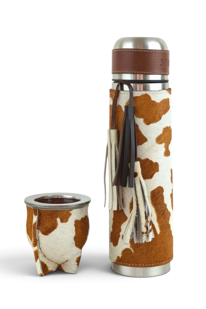 Set termo y mate en cuero Animal Print Marrón