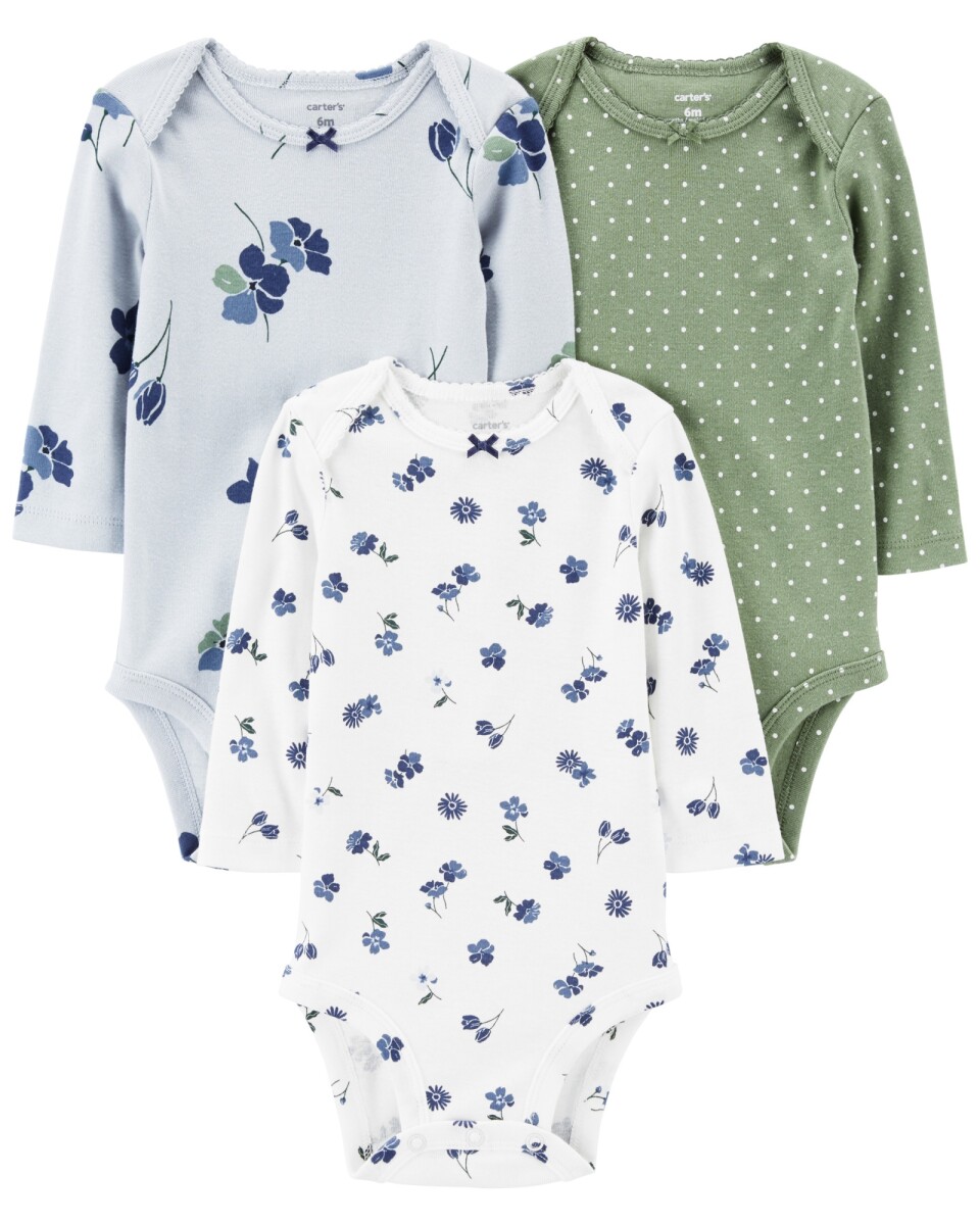 Pack tres bodies de algodón, manga larga, diseños florales 