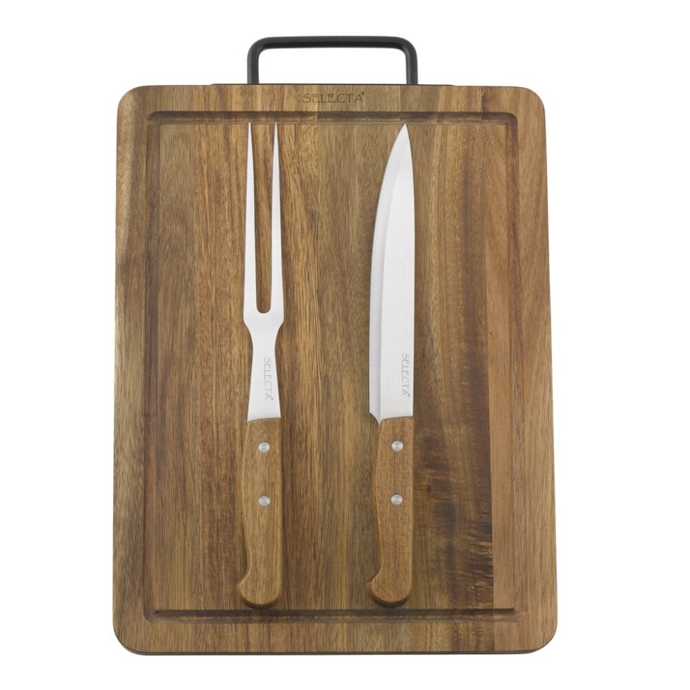 Set Parrillero Selecta con Tabla de Madera, Cuchillo y Tenedor – 3 Piezas SET TABLA MADERA + CUCHILLA + TENEDOR 38X28X2CM