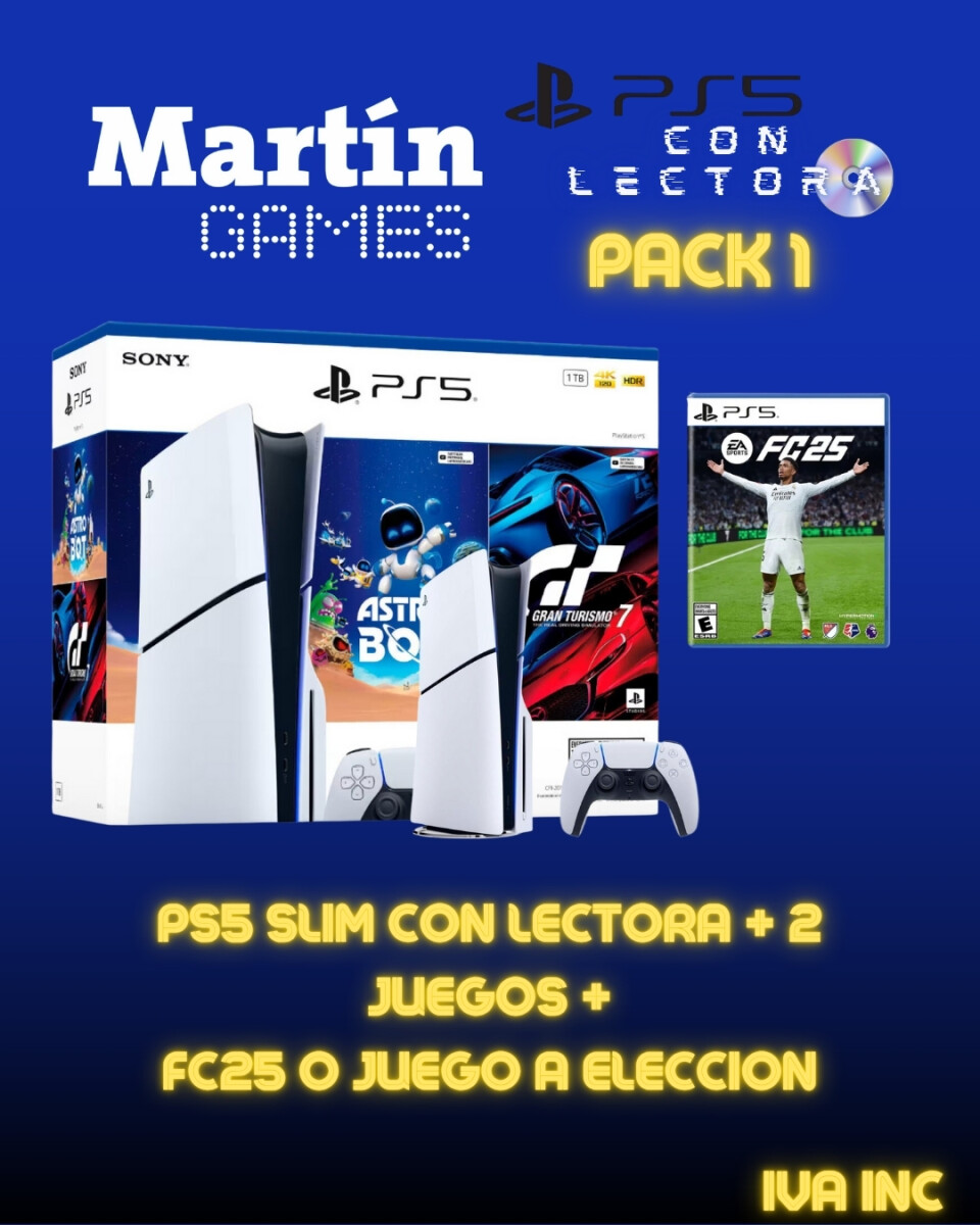 PS5 SLIM CON LECTORA 0KM + ASTROBOT + GRAN TURISMO 7 + FC25 O JUEGO A ELECCION 
