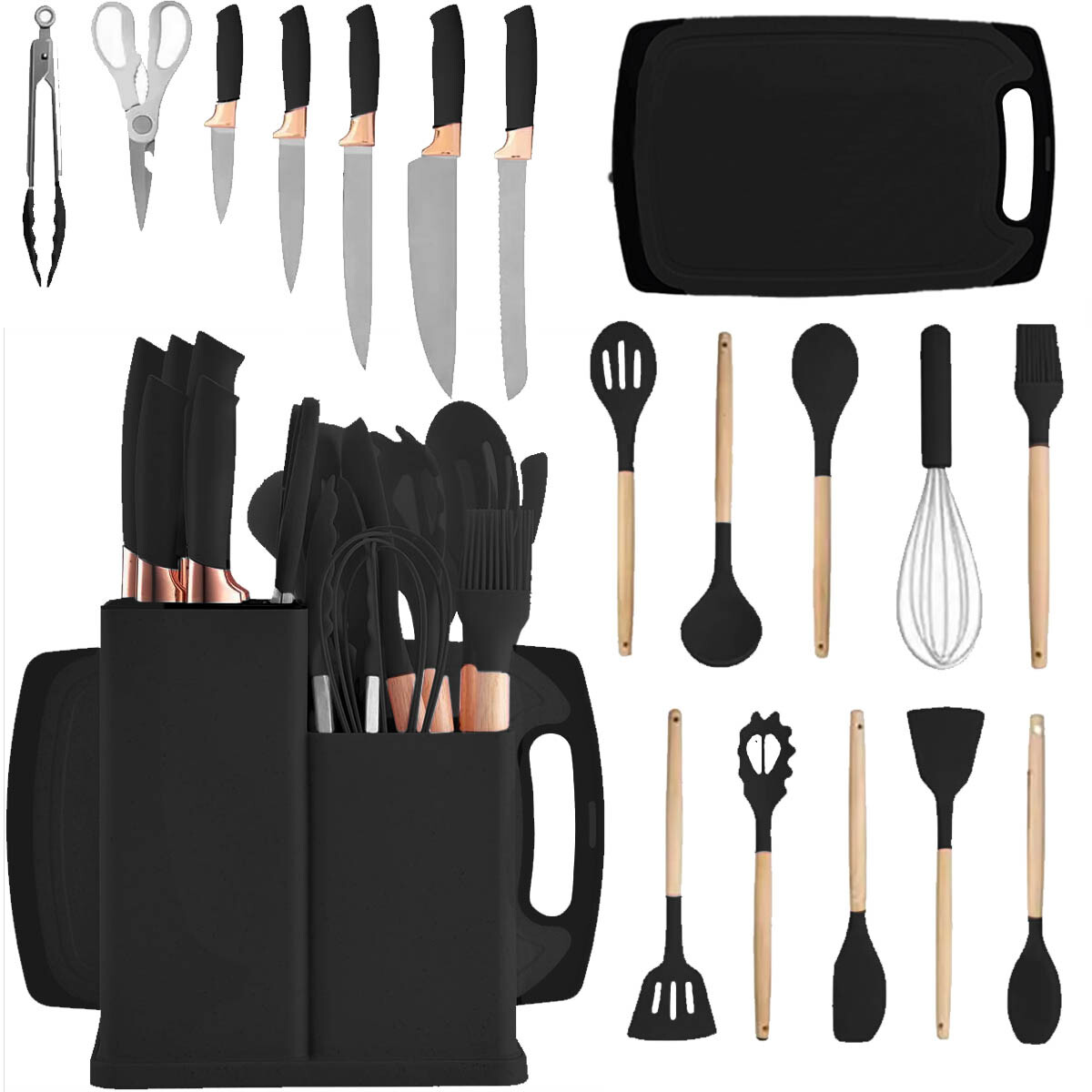 Set X19 Utensilios El Chingón Silicona Antiadherente - Negro 