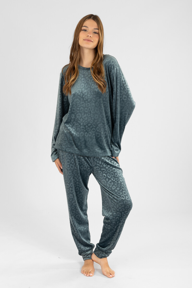 Pijama leopard fleece velour - Verde petroleo 