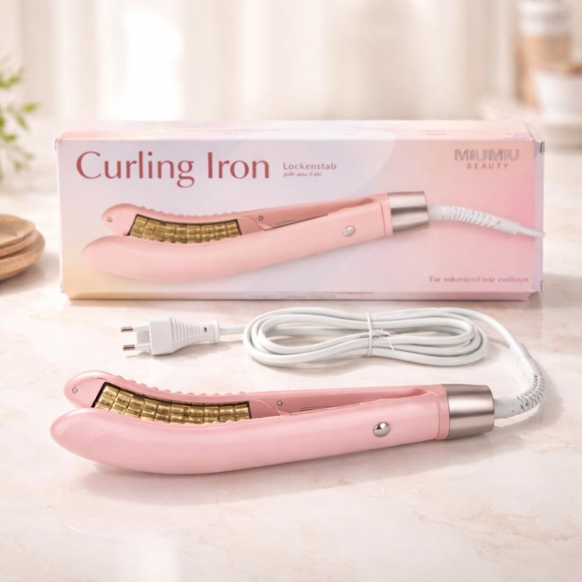PLANCHA RIZADORA DE VOLUMEN EN ARCO COLOR ROSA Y ENCHUFE EUROPEO 