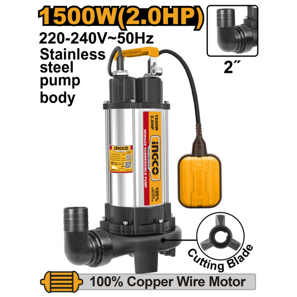 BOMBA POZO NEGRO CON TRITURADOR 1500W 2HP INGCO SPDB15008 BOMBA POZO NEGRO CON TRITURADOR 1500W 2HP INGCO SPDB15008