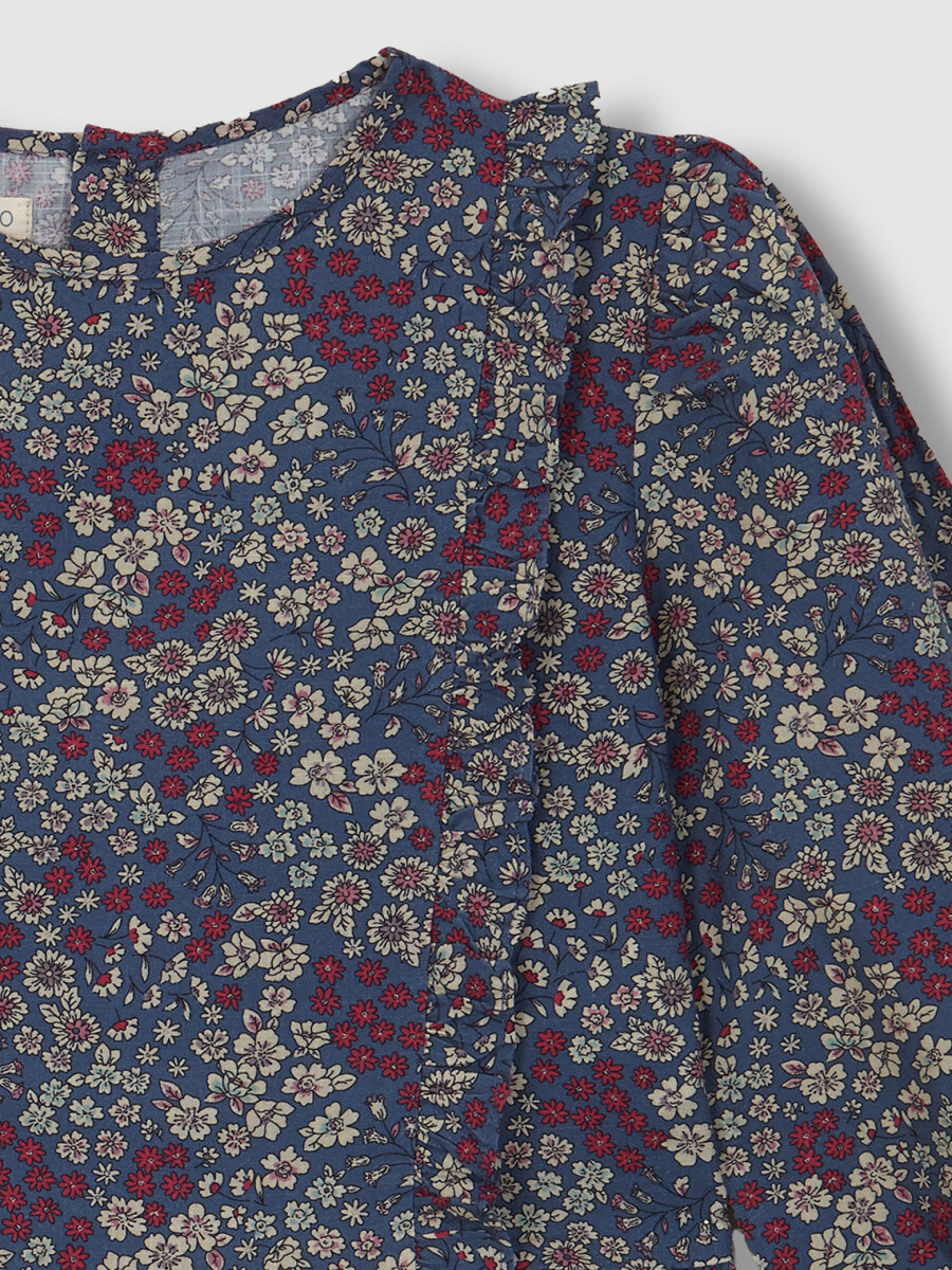 Blusa De Flores Con Tiras Fruncidas Azul Viejo