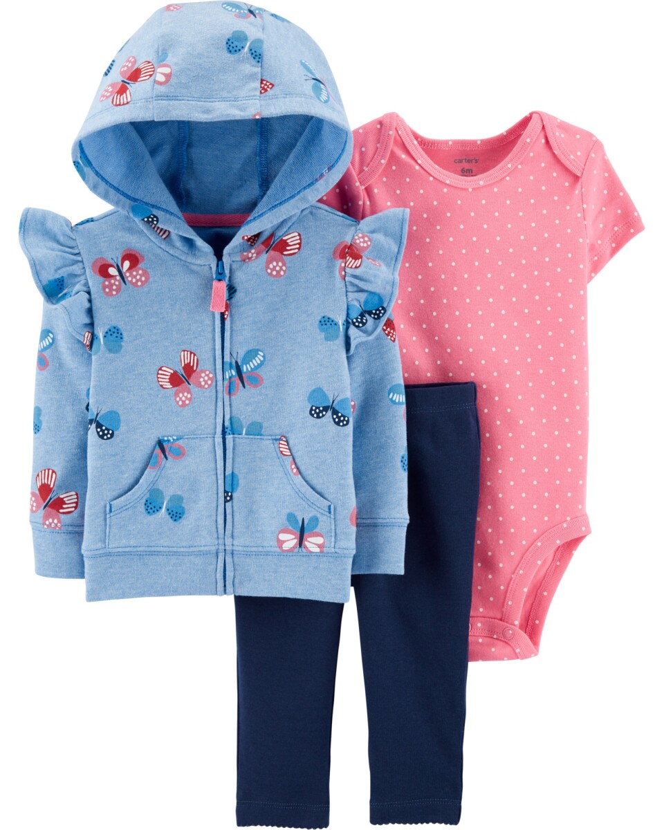 Set tres piezas de algodón, campera, pantalón y body, diseño mariposas 