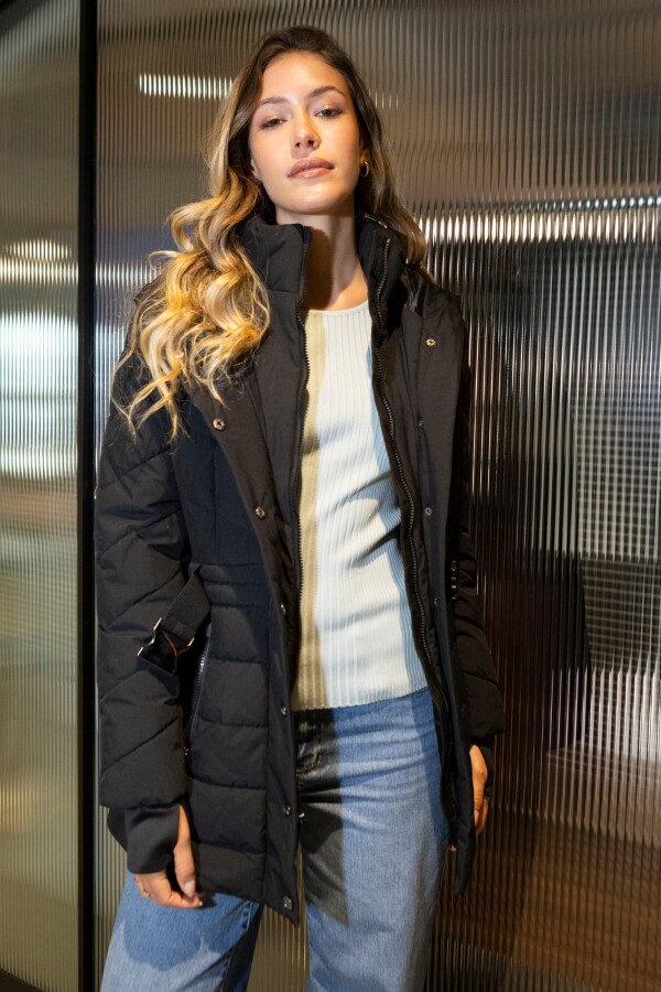 Campera Abrigo Capucha Piel NEGRO