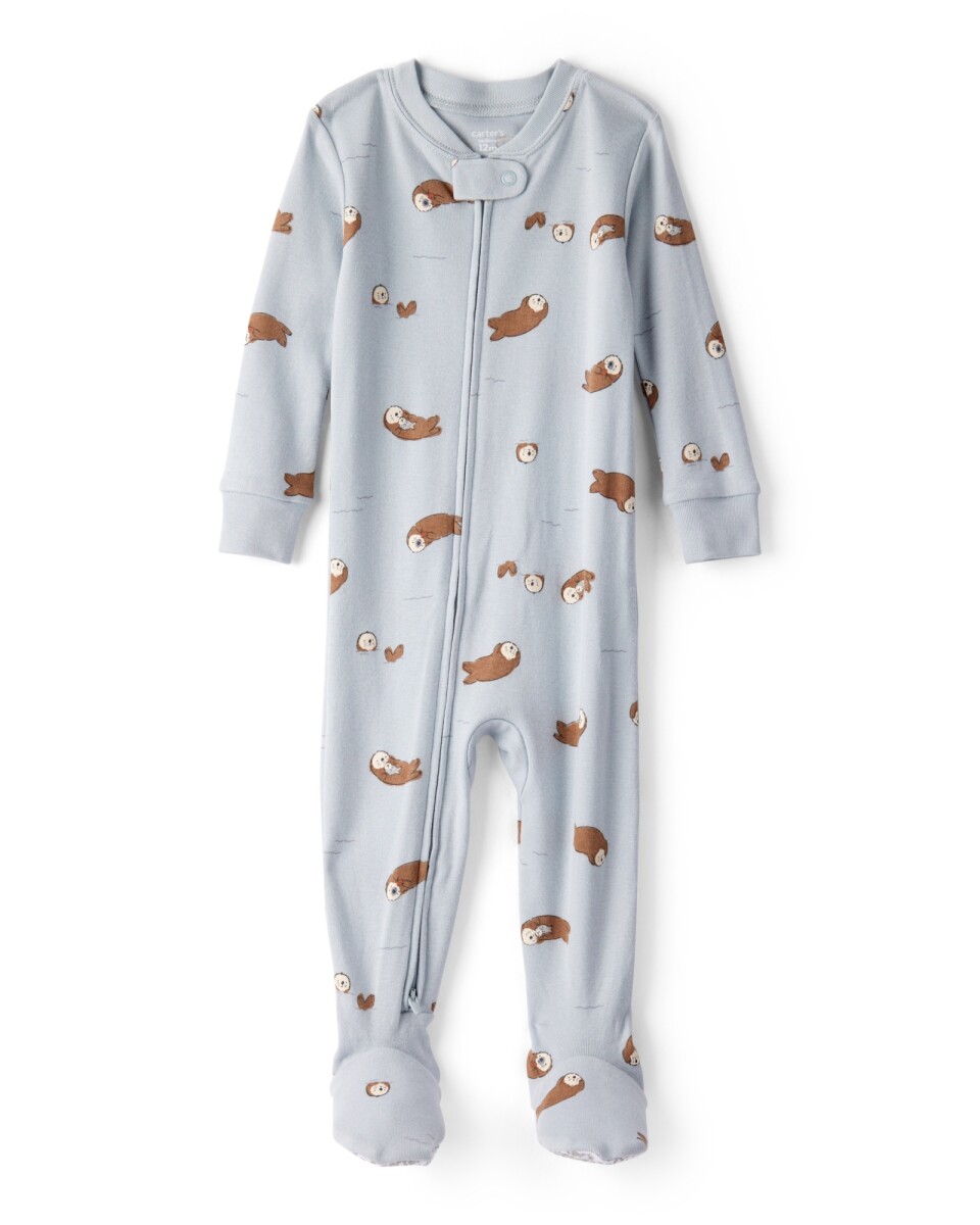 Pijama una pieza de algodón, con pie, gris, diseño nutrias 
