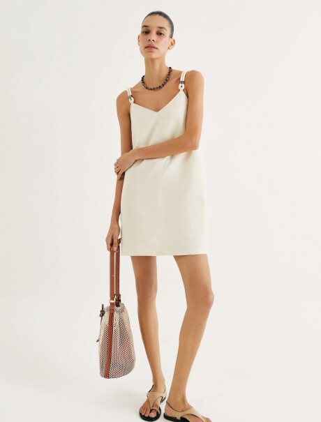 VESTIDO RECTO CORTO CON ESCOTE EN V BEIGE