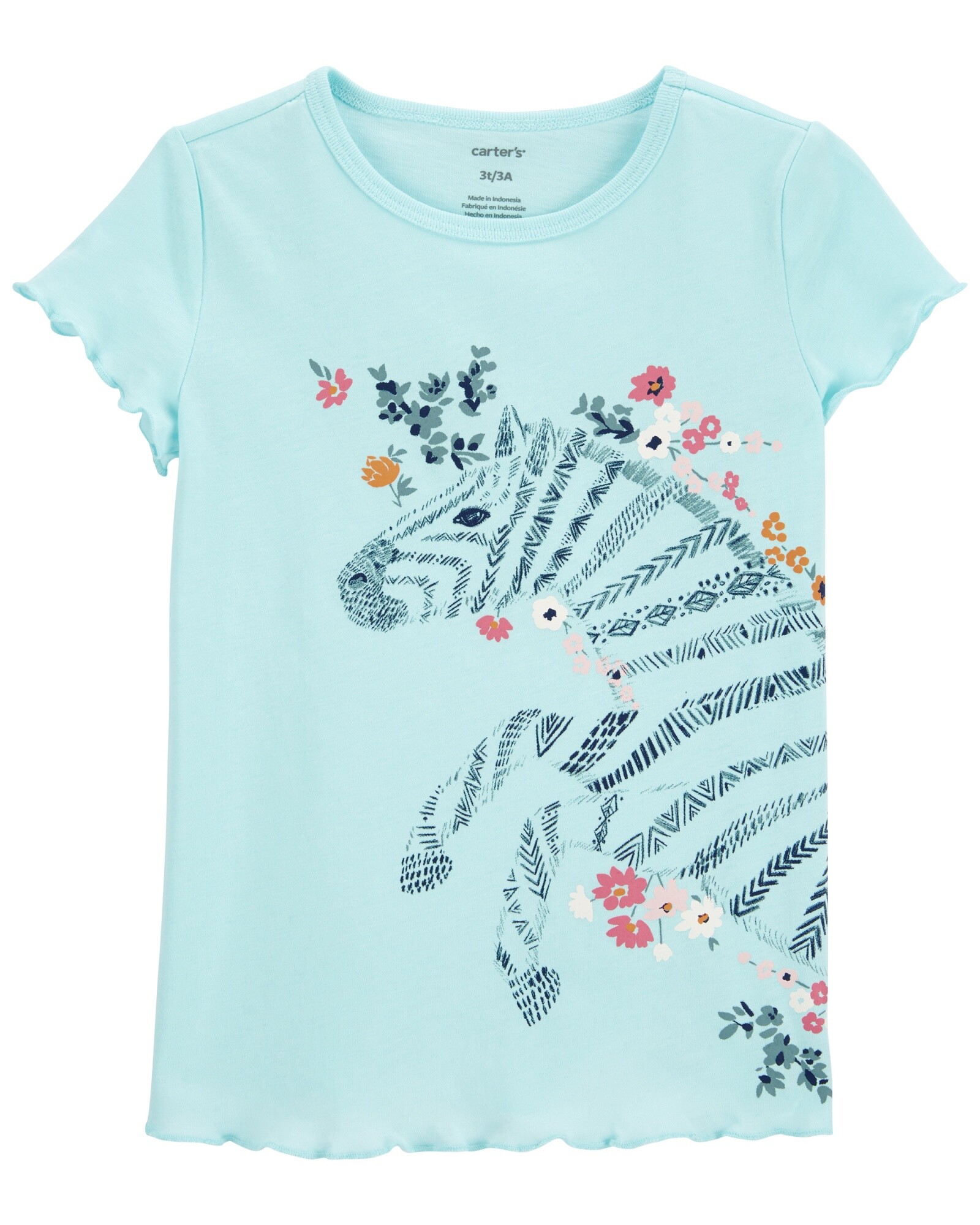 Remera de algodón, bordes festoneados, estampa cebra. Talles 2-5T Sin color